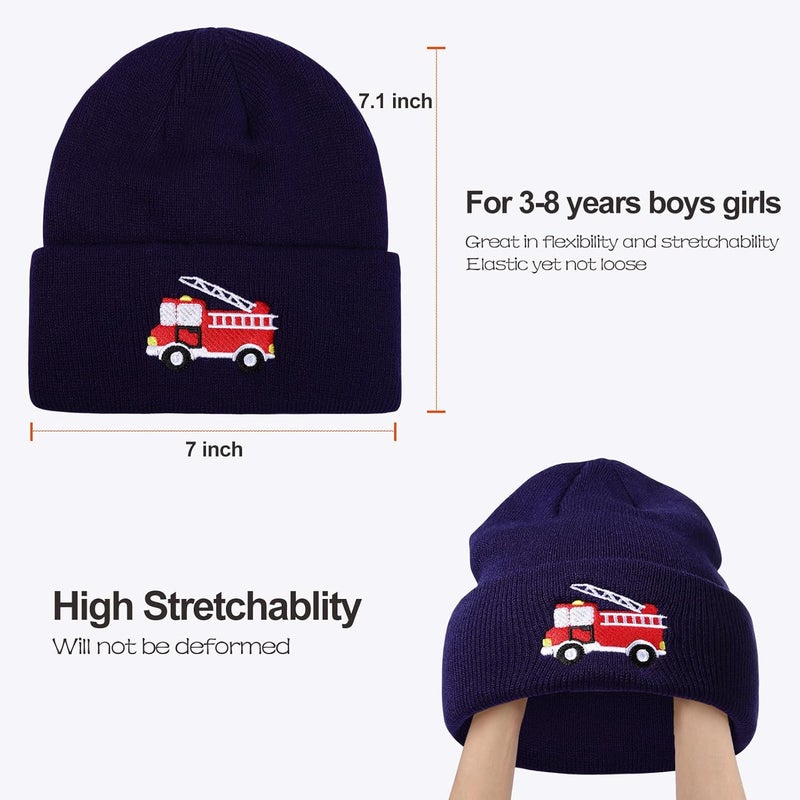 KDVOG Store Kids Knit Beanie Cute Fire Trucks Embroidery Warm Cuffed Skull Caps Classic Autumn Winter Hats for Boys Girls 3-8 Years - Image 5